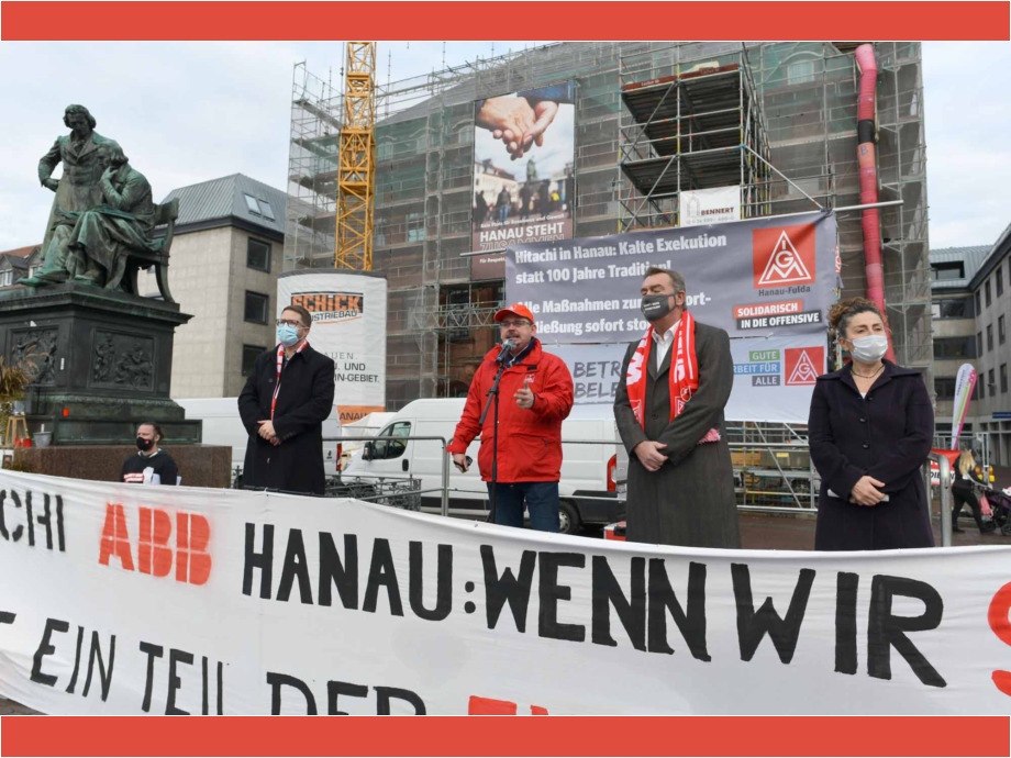 Warnstreik und Autocorsoam 19. November 2020 für den Erhalt der Arbeitsplätze bei Hitachi ABB Power Grids in Hanau-Großauheim Warnstreik und Autocorsoam 19. November 2020 für den Erhalt der Arbeitsplätze bei Hitachi ABB Power Grids in Hanau-Großauheim