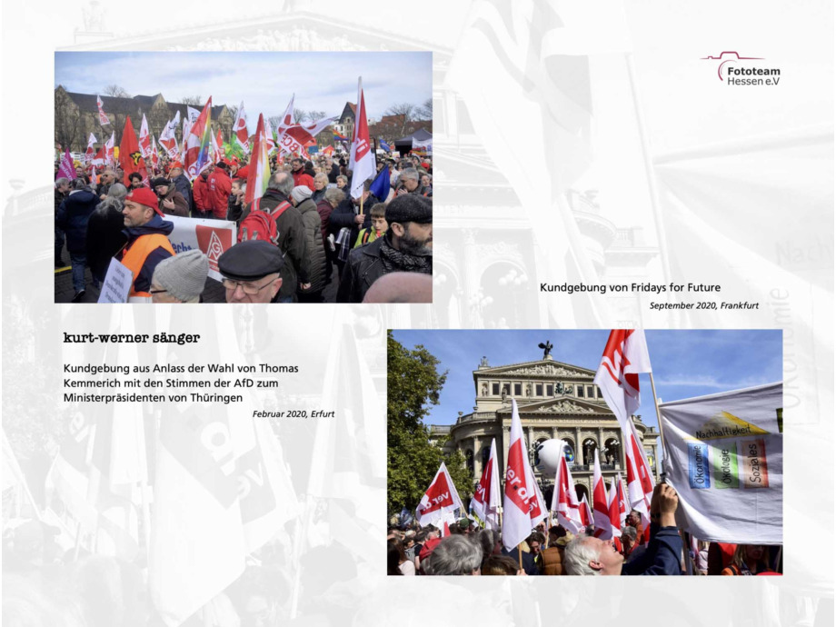 20 Fotograf*innen des Fototeam ver.di Hessen zeigen eine Auswahl ihrer besten Aktionsfotos aus den letzten 11 Jahren 20 Fotograf*innen des Fototeam ver.di Hessen zeigen eine Auswahl ihrer besten Aktionsfotos aus den letzten 11 Jahren