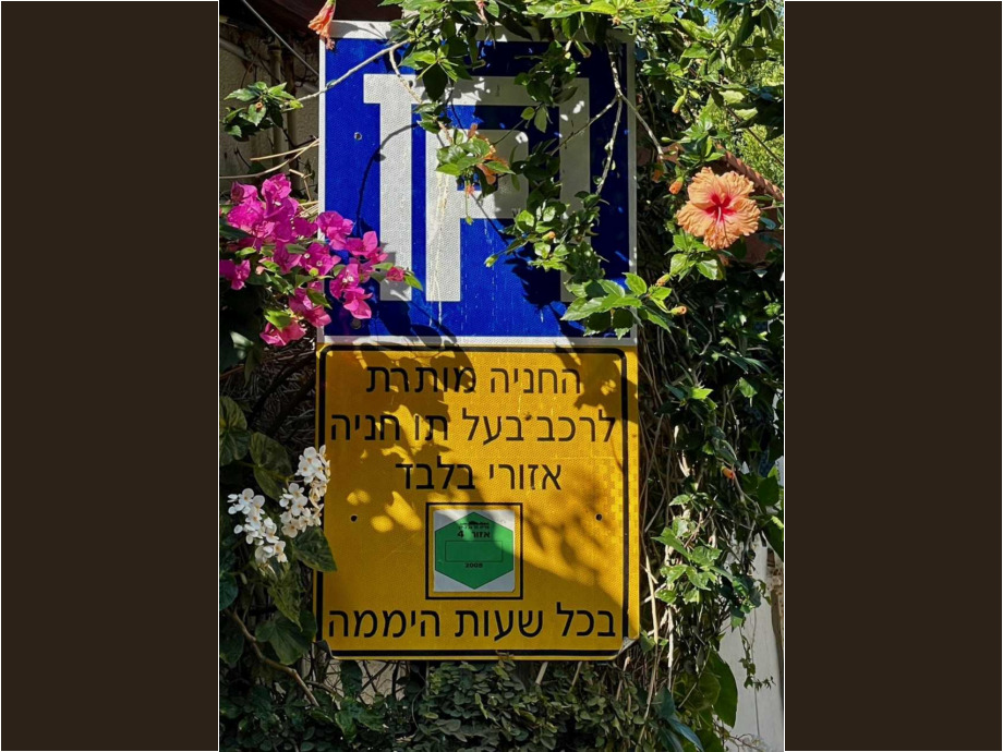 Mit Blumen geschmücktes Schild. Tel Aviv 2022