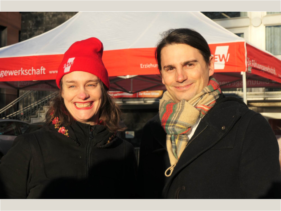 Uni Frankfurt: Dr. Simone Claar, GEW und Gabriel Nyc, ver.di Hessen