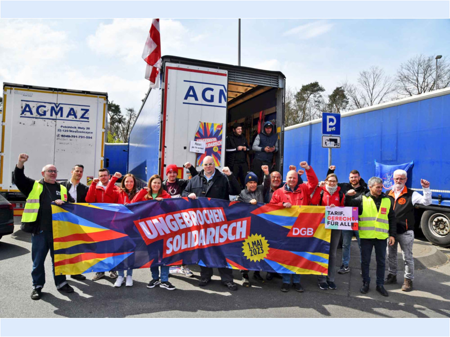 Solidaritätsaktion der IG Metall Hanau Fulda mit den streikenden LKW-Fahrern aus Polen auf der Raststätte Gräfenhausen