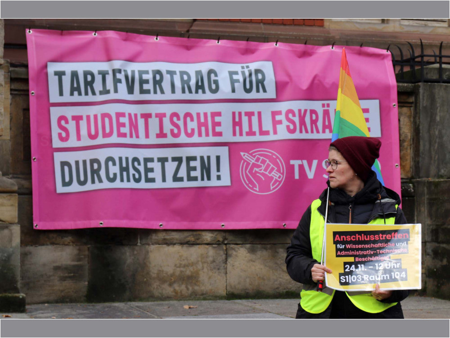 Wissenschaftliche Mitarbeiter/innen und Studentische Hilfskräfte der Uni Darmstadt am Hochschulaktionstag Wissenschaftliche Mitarbeiter/innen und Studentische Hilfskräfte der Uni Darmstadt am Hochschulaktionstag