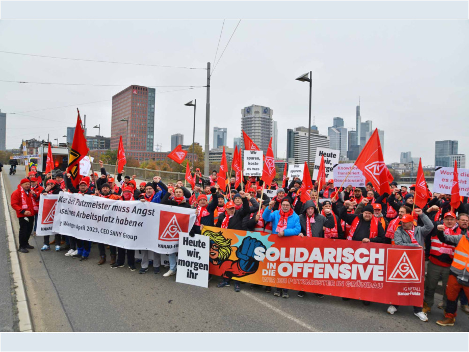 Protest auf der Friedensbrücke vor der Skyline von Frankfurt